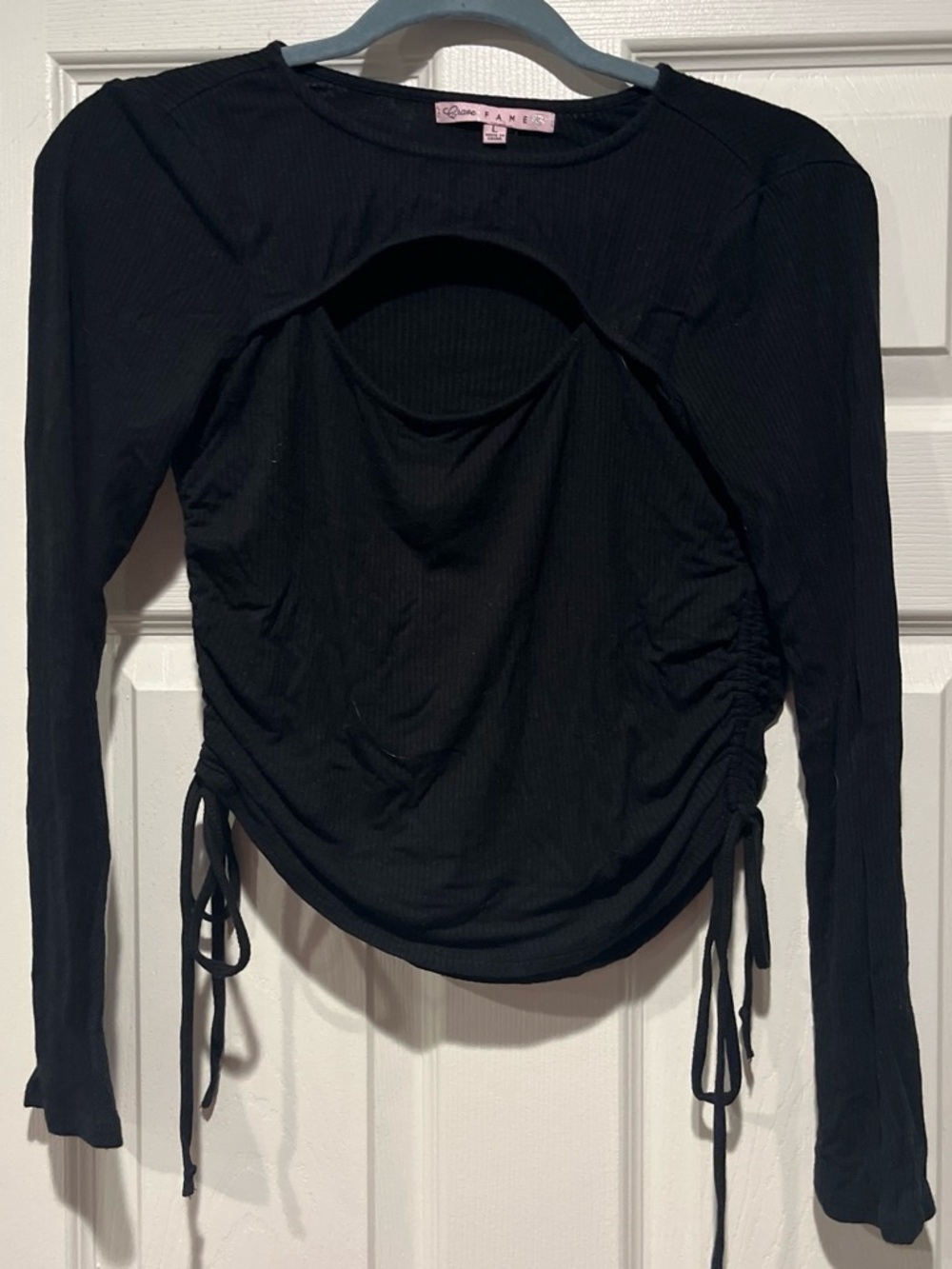 rave Black Long-Sleeve Cutout Ruched Side-Tie Top
